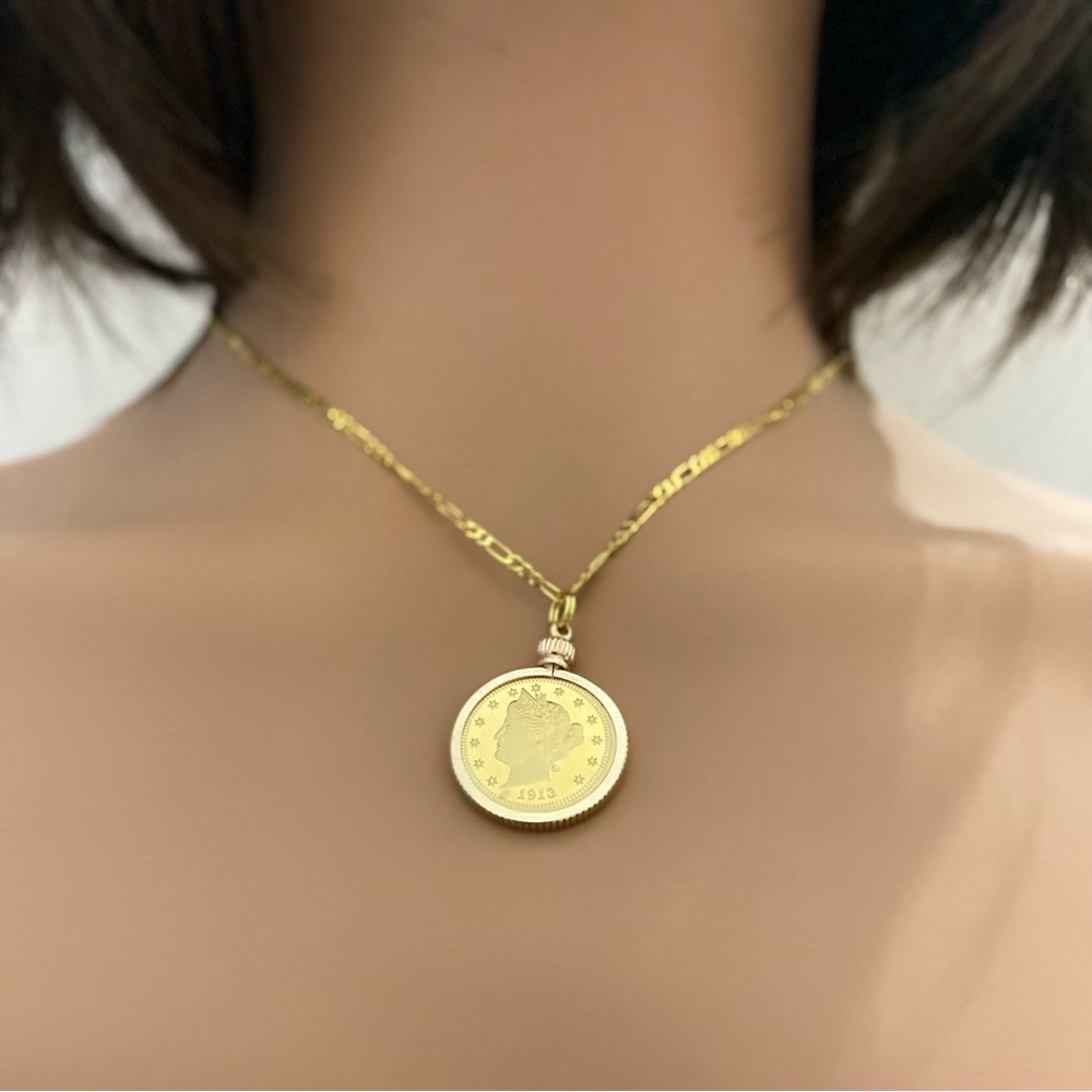 1913 Gold Plated Coin Pendant with  18-inch Gold Plated Figaro Chain Nec…